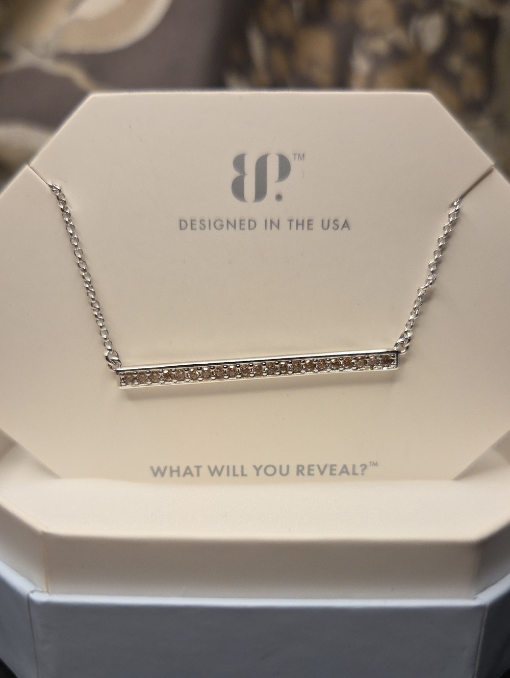 bp Silver Bar Necklace with Clear Crystals - Silver